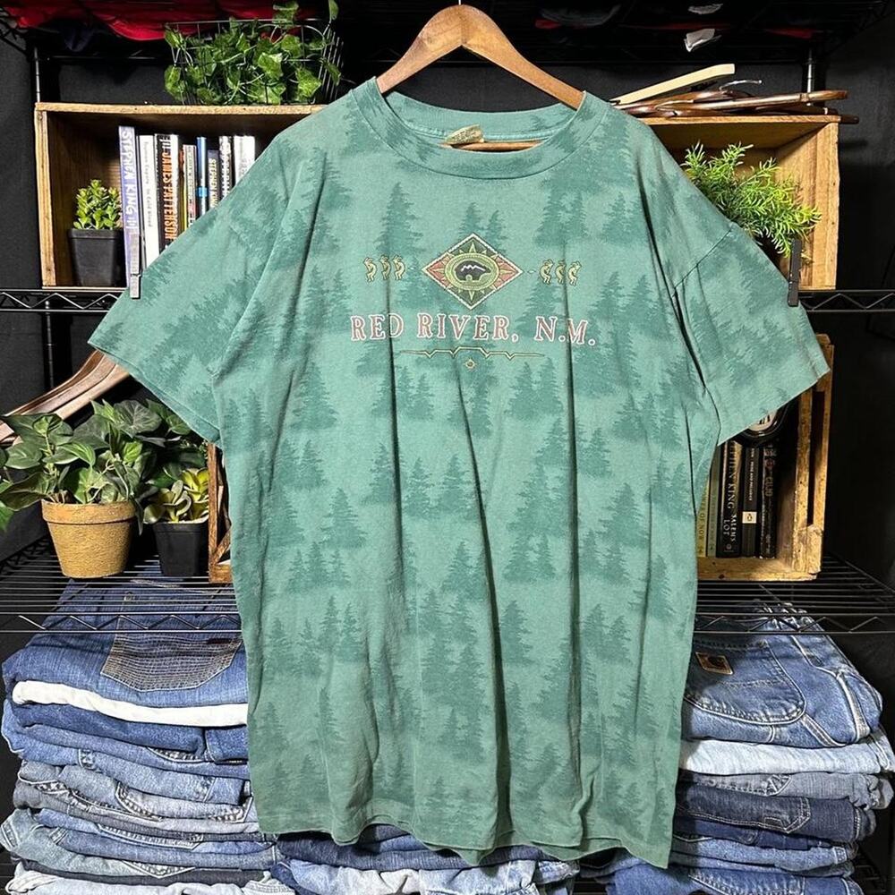 Vintage 90s Single Stitch Red River Nature Print AOP Tee Green Wildlife Shirt